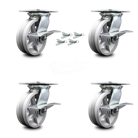 Service Caster 6 Inch V Groove Semi Steel Caster Set with Roller Bearings and Brake/Swivel Lock SCC-35S620-VGR-SLB-BSL-4